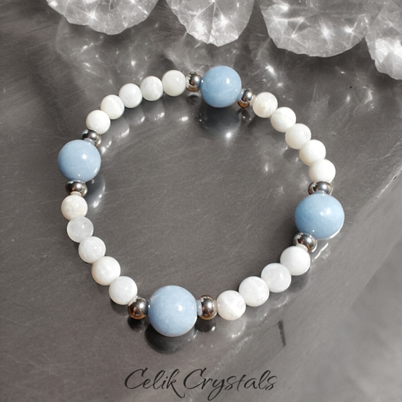 Angelite and Moonstone Women's Healing Crystal Bracelet - Picture 1 of 5
